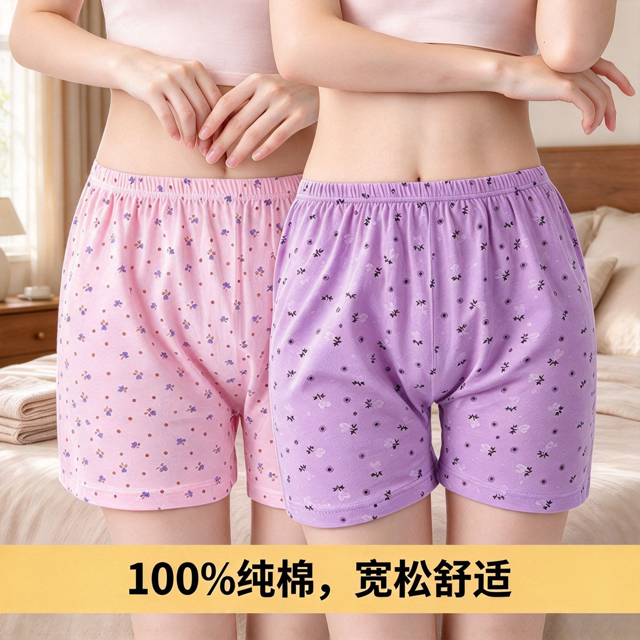 100%纯棉高腰内裤碎花休闲短裤女平角四角裤宽松舒适中老年妈妈