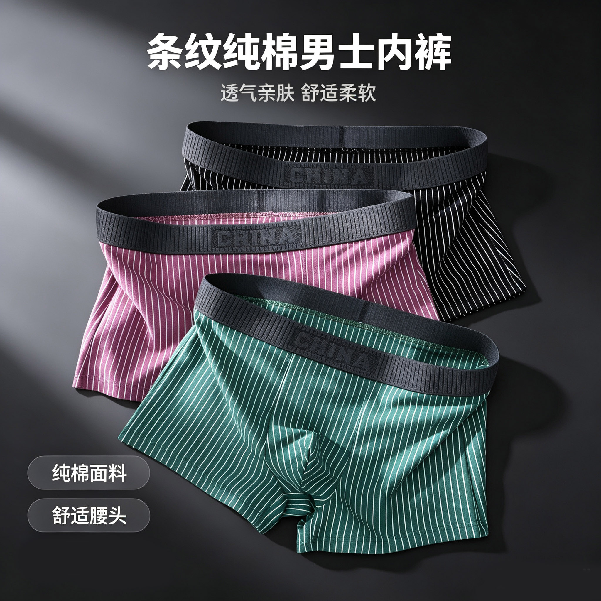 男士纯棉内裤条纹透气中腰平角四角裤棉质运动休闲短裤头抑菌裆男