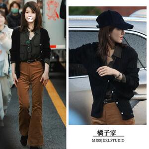 赵露思同款黑色针织开衫毛衣外套棕色灯芯绒微喇叭裤美拉德长裤子