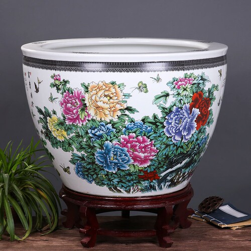 花盆景德镇陶瓷盆荷花盆水缸摆件盆栽盆景水植大号假山石装饰