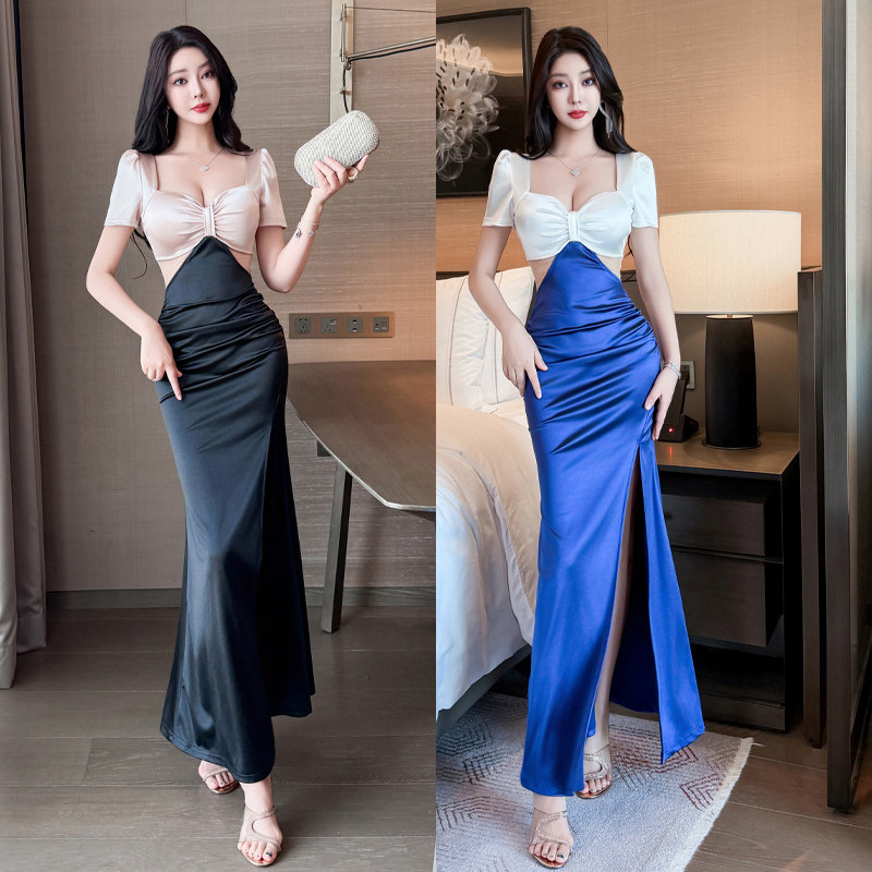 春季开叉时尚聚会佳丽技师包裙开叉低胸方领设计拼色长款连衣裙潮