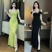 柔式 长礼服性感收腰开叉酒吧夜店技师上班工作服气质高端遮肚子女