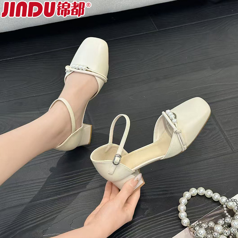 锦都粗跟凉鞋女2025新款夏季浅口女鞋气质高级不累脚配裙子高跟鞋