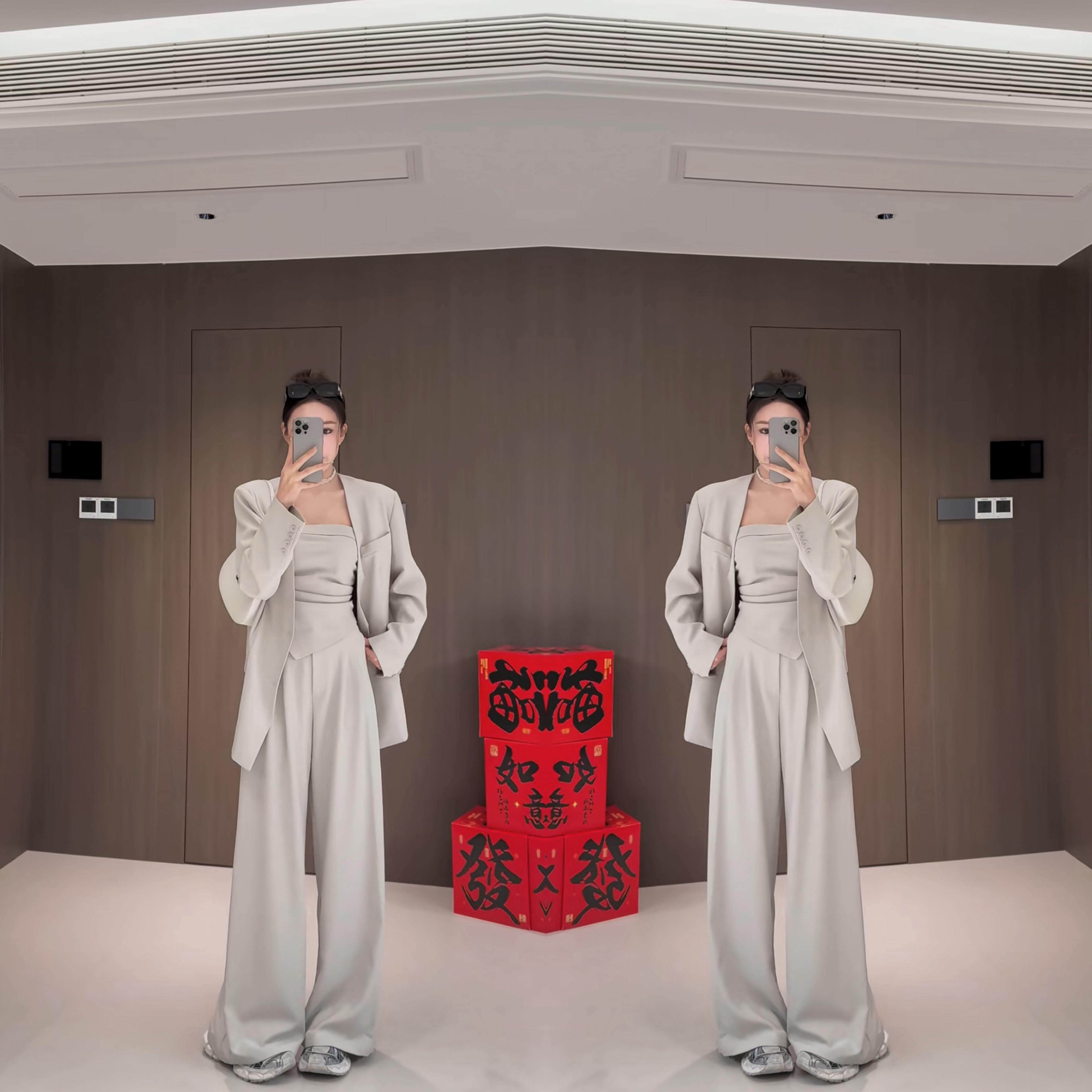 显瘦西服外套+抹胸吊带+阔腿裤