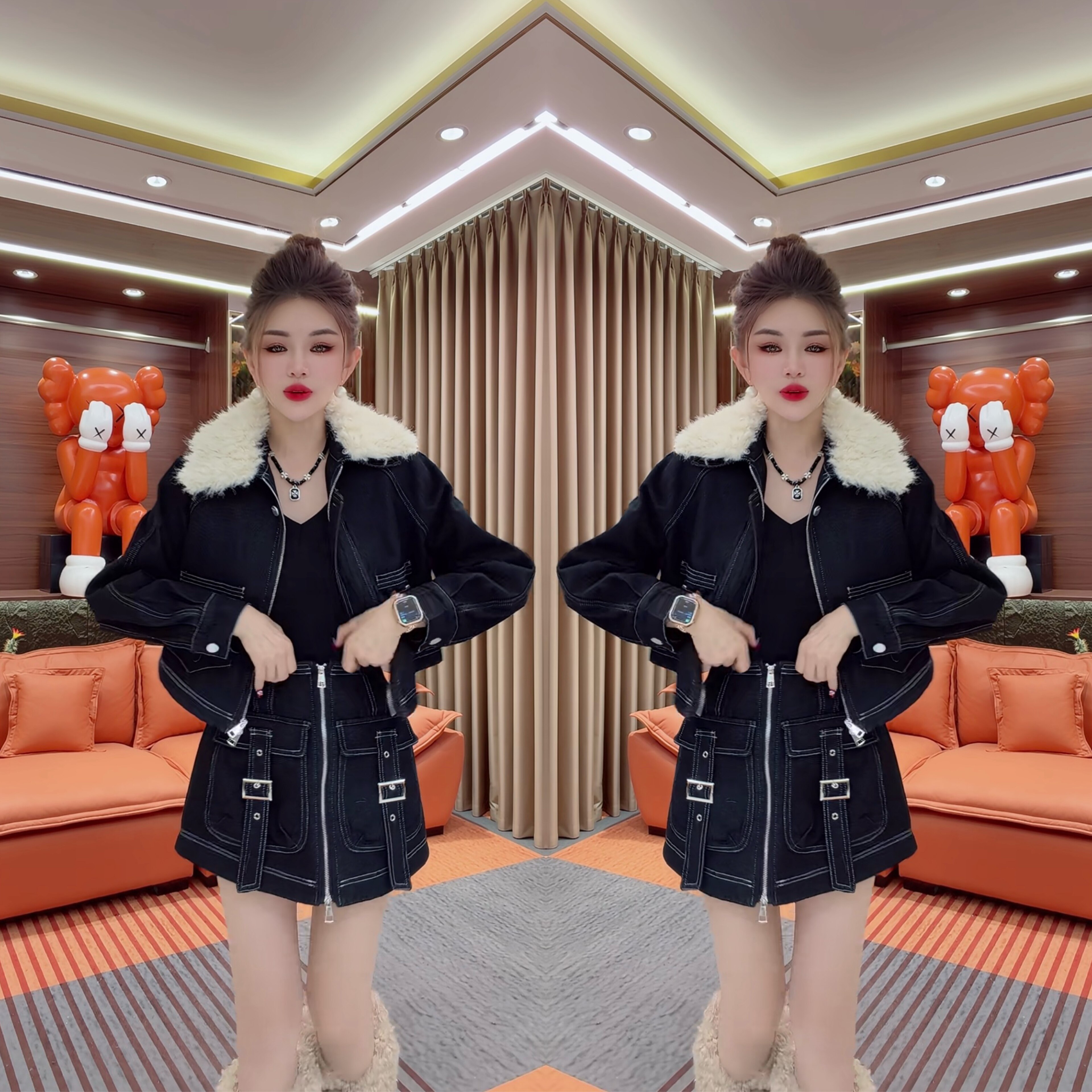 秋冬新款工装牛仔套装裙女2026加绒加厚翻领显瘦短外套半裙两件套