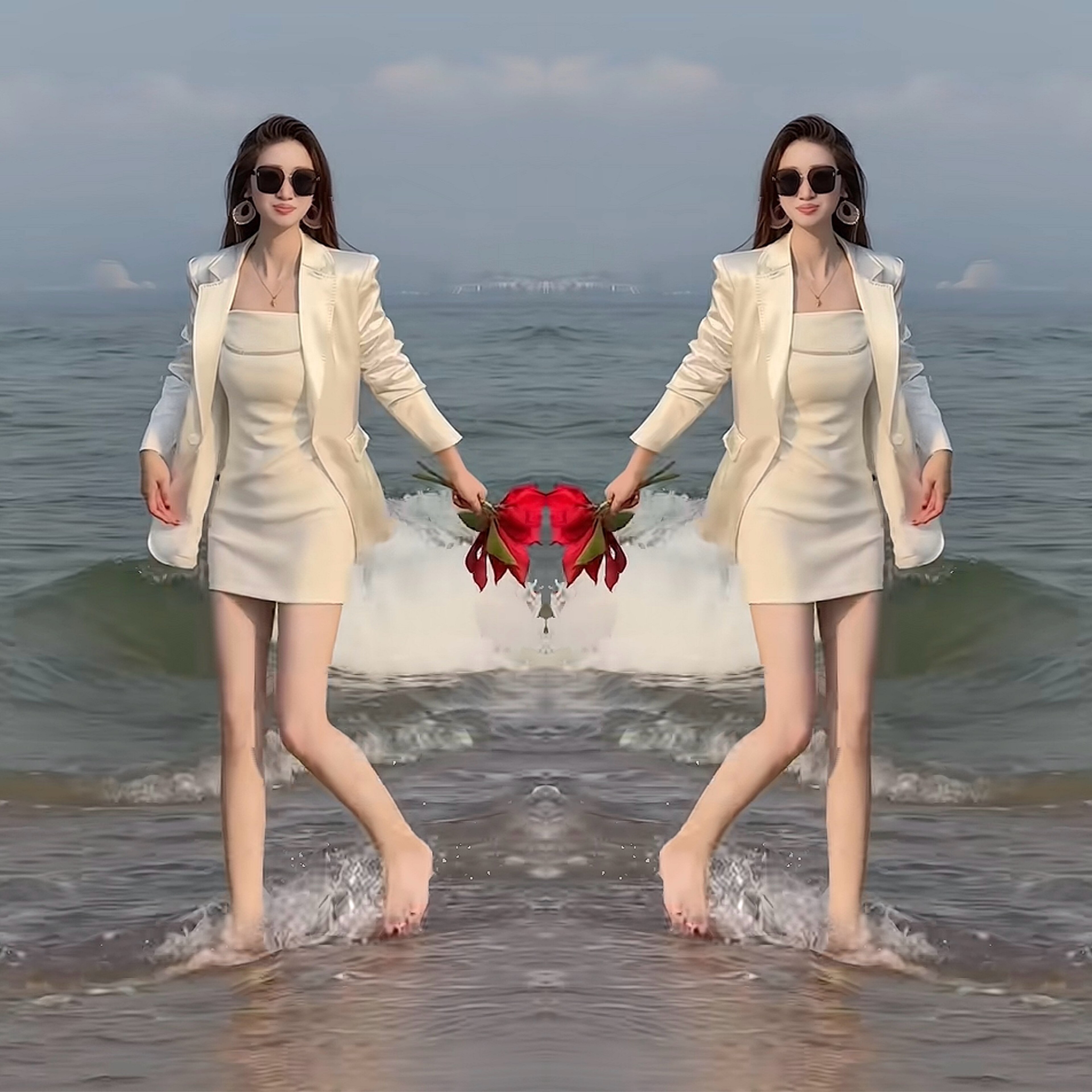 轻奢风白色西服连衣裙两件套