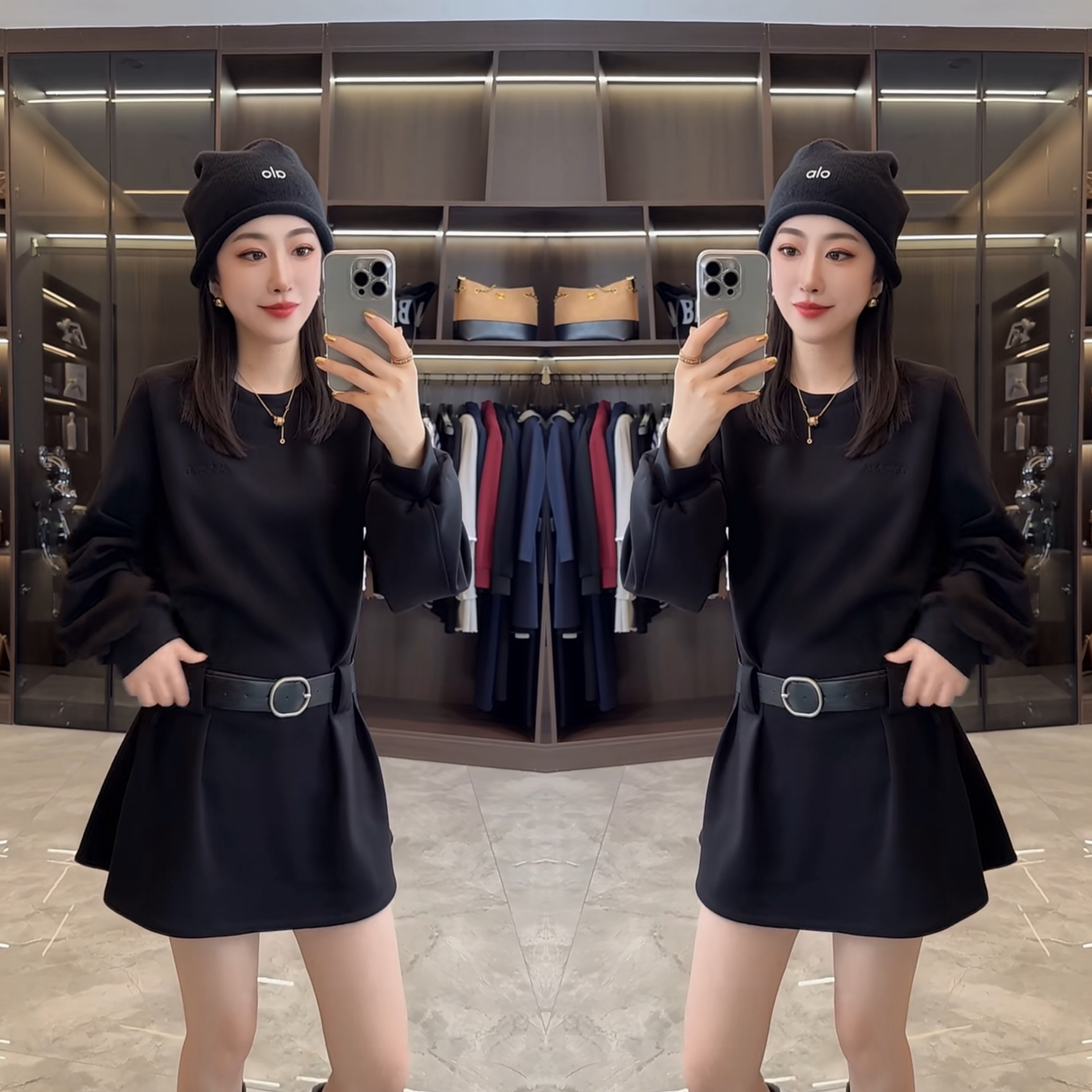 气质圆领灯笼袖显瘦卫衣连衣裙女