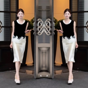高级感时尚无袖上衣半裙套装女夏洋气减龄名媛温柔黑白拼色两件套