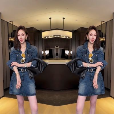 设计感翻领长袖单排扣裙子