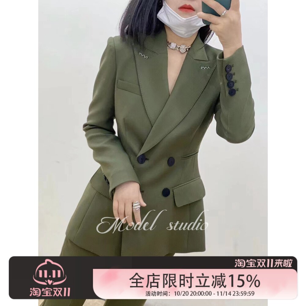 复古双排扣修身西服精纺真丝羊毛西装两件套9分裤套装职业高级感