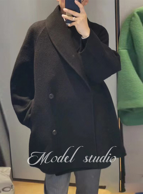 JIM青果领短款黑色羊绒大衣时尚显瘦双排扣羊毛大衣高级感