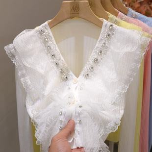 重工花朵针织衫 欧货镶钻钉珠拼接荷叶边冰丝防晒衫 春夏高腰短款