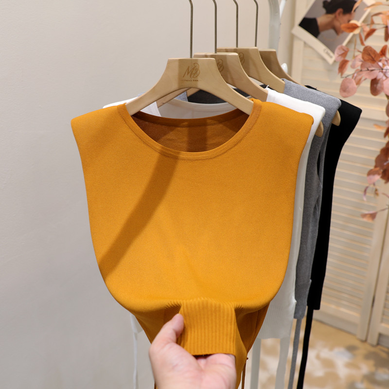 橘黄色无袖针织背心女夏季薄款图片