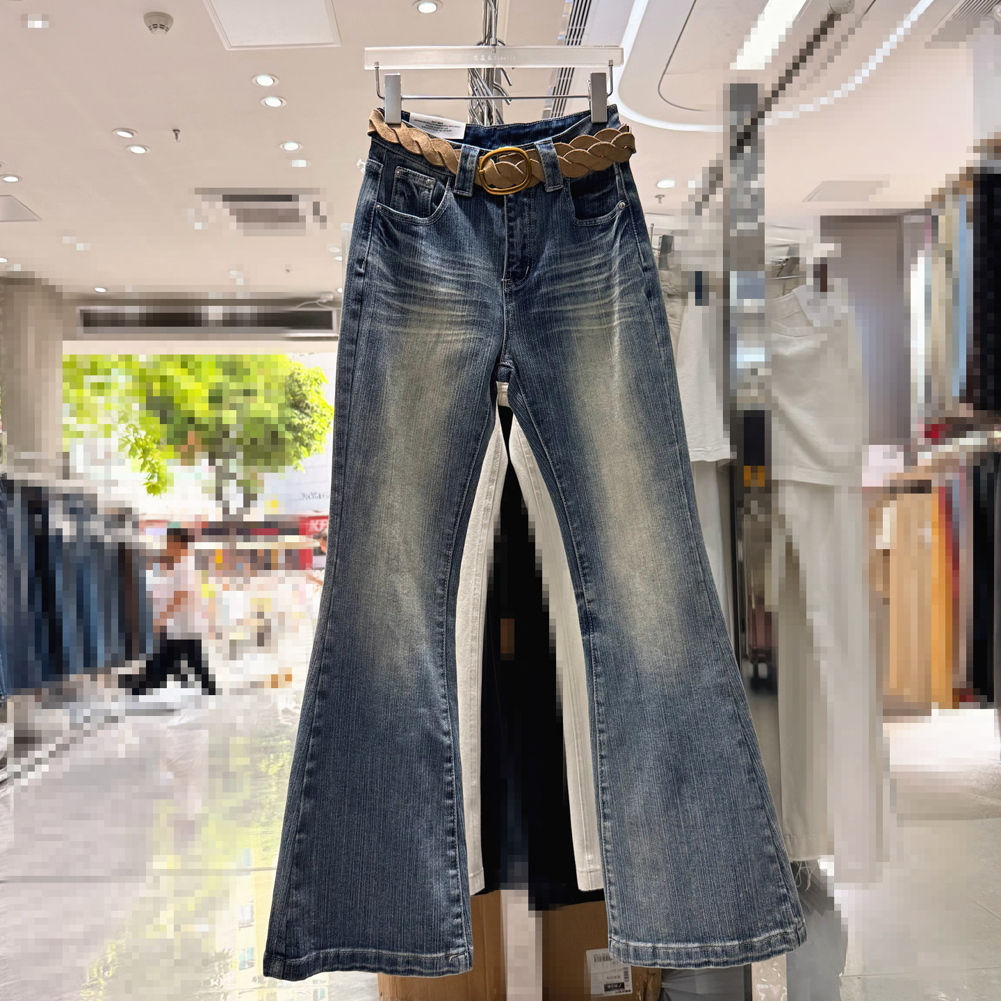 韩版复古蓝色低腰微喇牛仔裤女士秋季修身显瘦小个子拖地马蹄裤