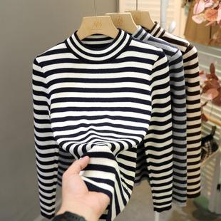 欧货2025秋冬半高领打底衫黑白条纹毛衣女修身套头针织衫内搭上衣
