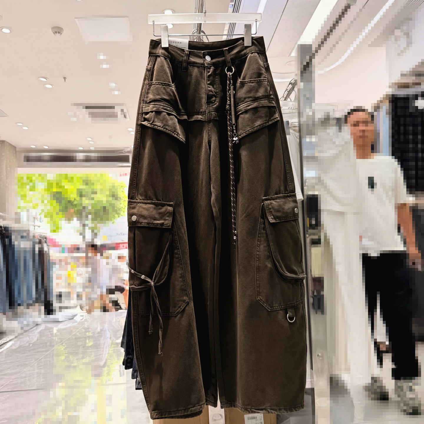 军绿色阔腿工装牛仔裤女秋季薄款松弛感高腰宽松休闲直筒运动裤子