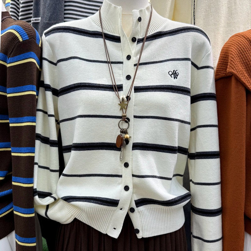 条纹撞色针织开衫女韩系修身气质