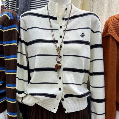 条纹撞色针织开衫女韩系修身气质