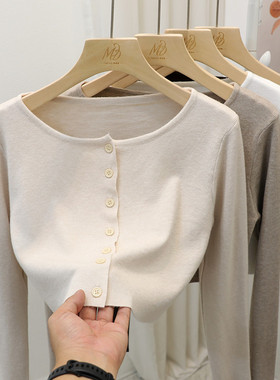 韩系甜辣妹超短款露脐早秋上衣温柔气质单排扣长袖针织开衫外套女