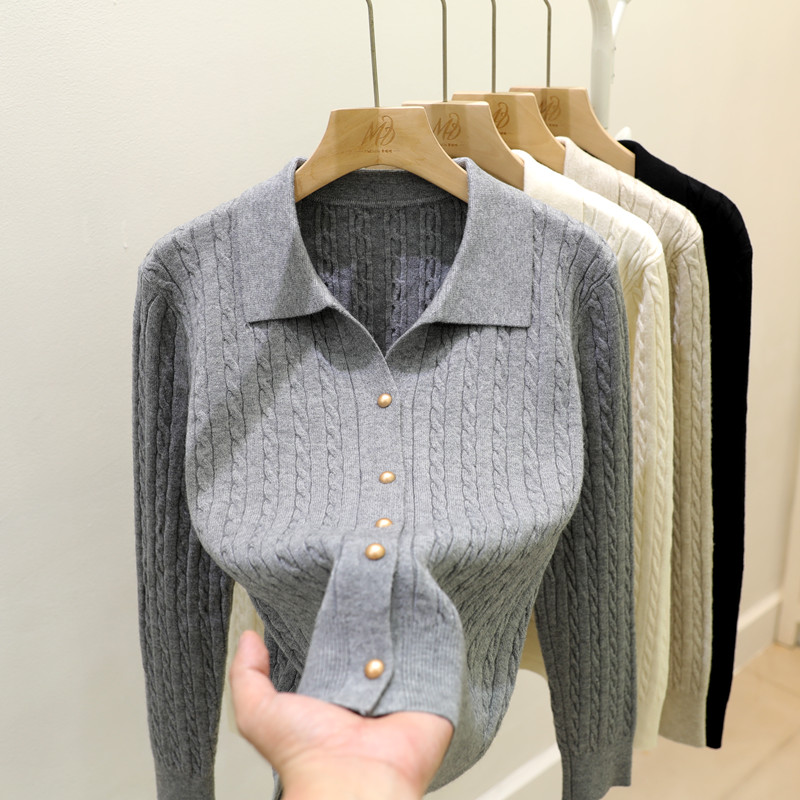polo翻领开衫上衣长袖针织衫女