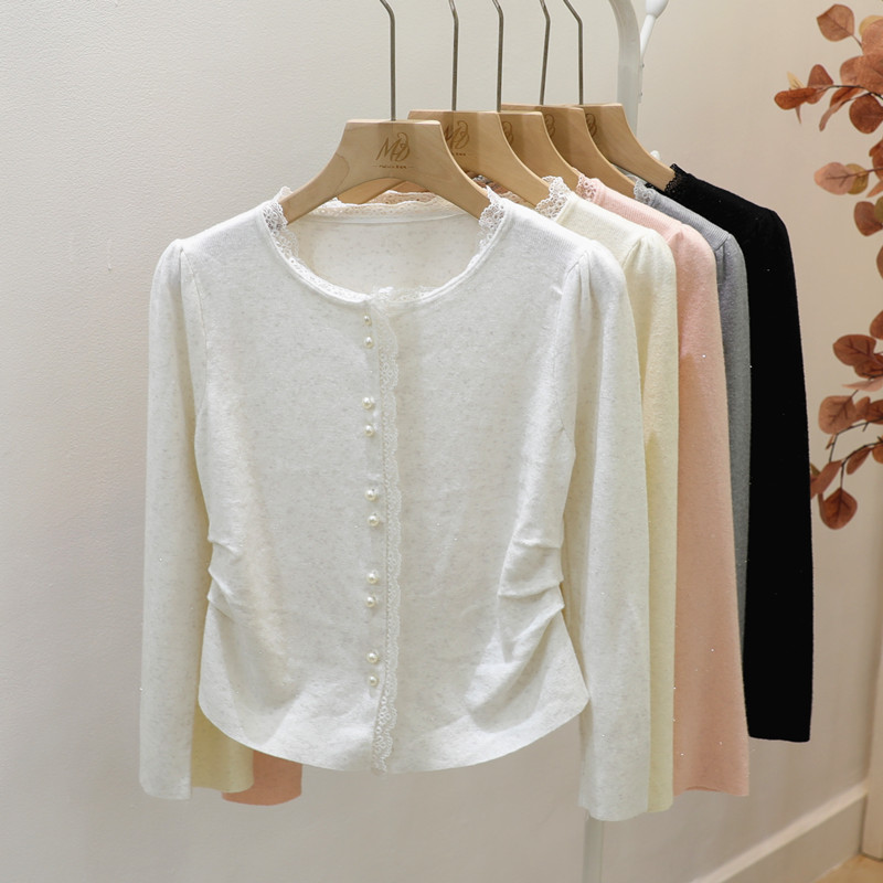 甜美紧身纯欲蕾丝花边设计感针织打底衫上衣女2025春秋季开衫毛衣