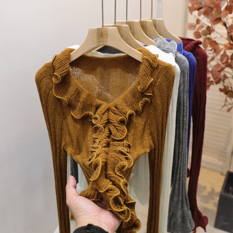 法式V领荷叶边喇叭袖针织衫女