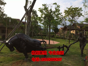 农夫耕田犁田农妇农作耕作农民劳动农庄场景景观玻璃钢雕塑摆件