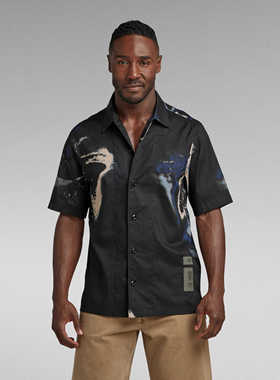 G-STAR专柜正品 男2024潮流质感短袖型男大眼睛藏蓝色衬衫 D22950