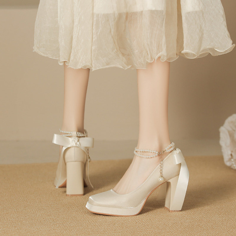 羊皮版~玛丽珍婚鞋女防水台不累脚高跟鞋法式粗跟婚纱伴娘新娘鞋