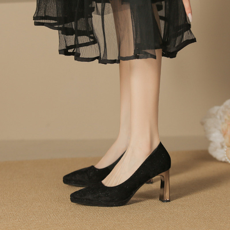 羊皮版~防水台高跟鞋女粗跟黑色绒面通勤工作鞋不累脚尖头单鞋女