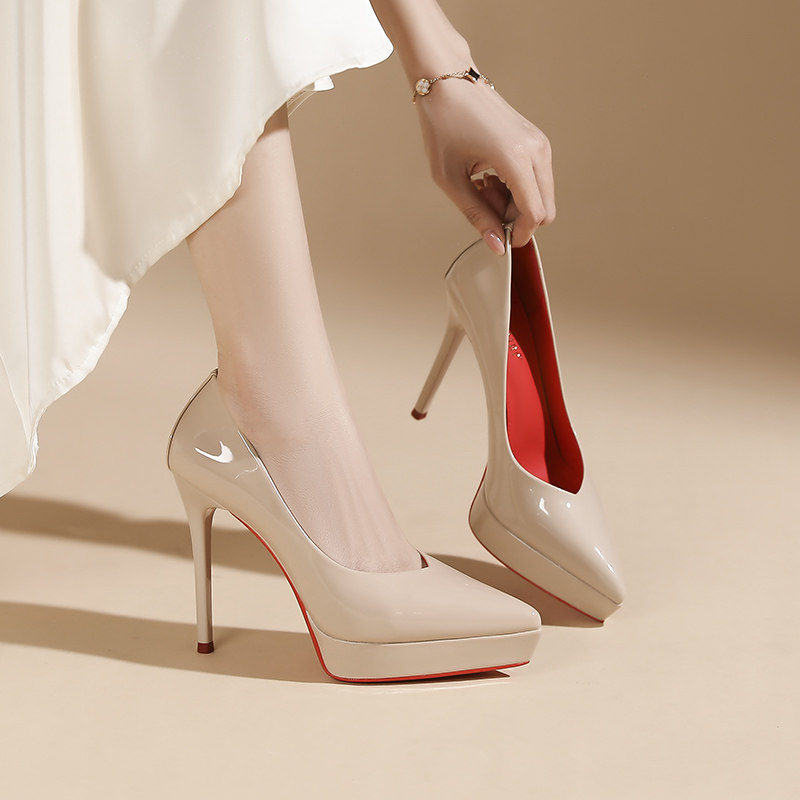 羊皮版~防水台红底高跟鞋女细跟2026新款裸色v口尖头早春漂亮单鞋