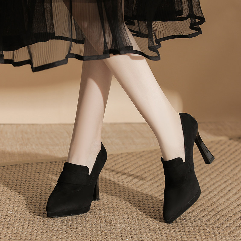 羊皮版~黑色绒面防水台高跟鞋女2026新款粗跟小个子职业工作单鞋