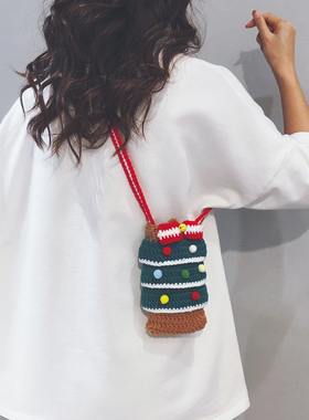 毛线针织圣诞树包女2025新款儿童节日生日礼物小众创意手机斜挎包