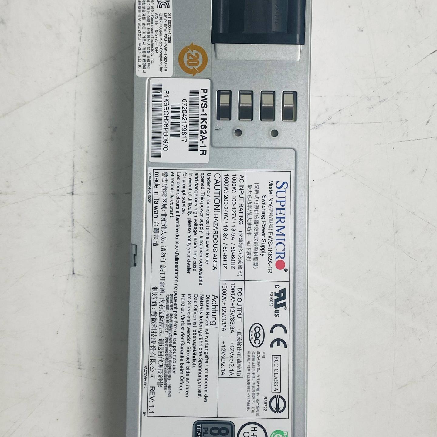 超微 PWS-1K62A-1R 1600W 服务器 热插拔电源 Supermicro
