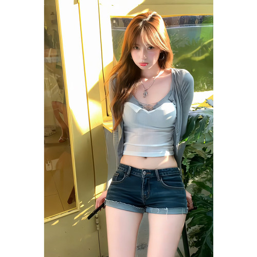 长袖开衫胸垫内搭背心牛仔超短裤