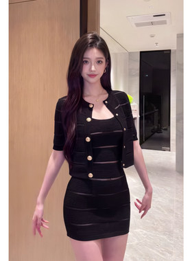 针织欧根纱拼接吊带连衣裙外套女