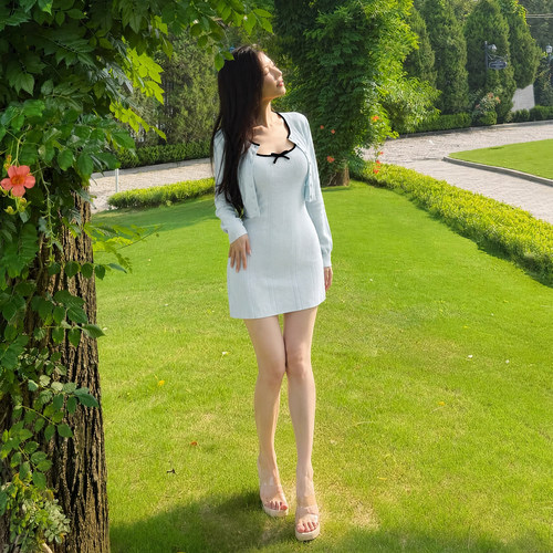 蝴蝶结背心连衣裙长袖开衫外套女