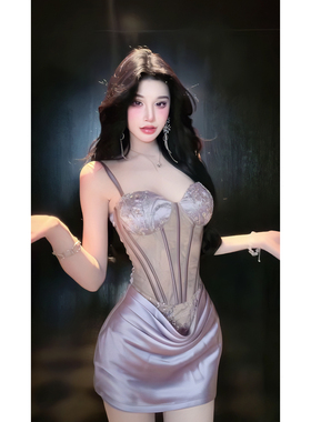 现货！夏季礼服！性感风紫色吊带鱼骨束腰连衣裙包臀短裙千金感