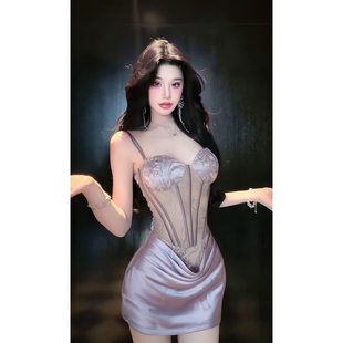 现货！夏季礼服！性感风紫色吊带鱼骨束腰连衣裙包臀短裙千金感