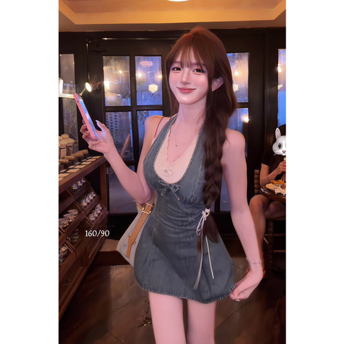 现货夏季韩版蕾丝内搭牛仔连衣裙