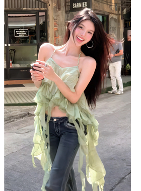 青纱飘影~夏季绿色不规则挂脖吊带背心纯欲荷叶边飘纱短款上衣女