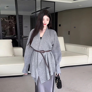 秋冬韩系灰色翻领中长款针织开衫女宽松慵懒风系带不规则毛衣外套