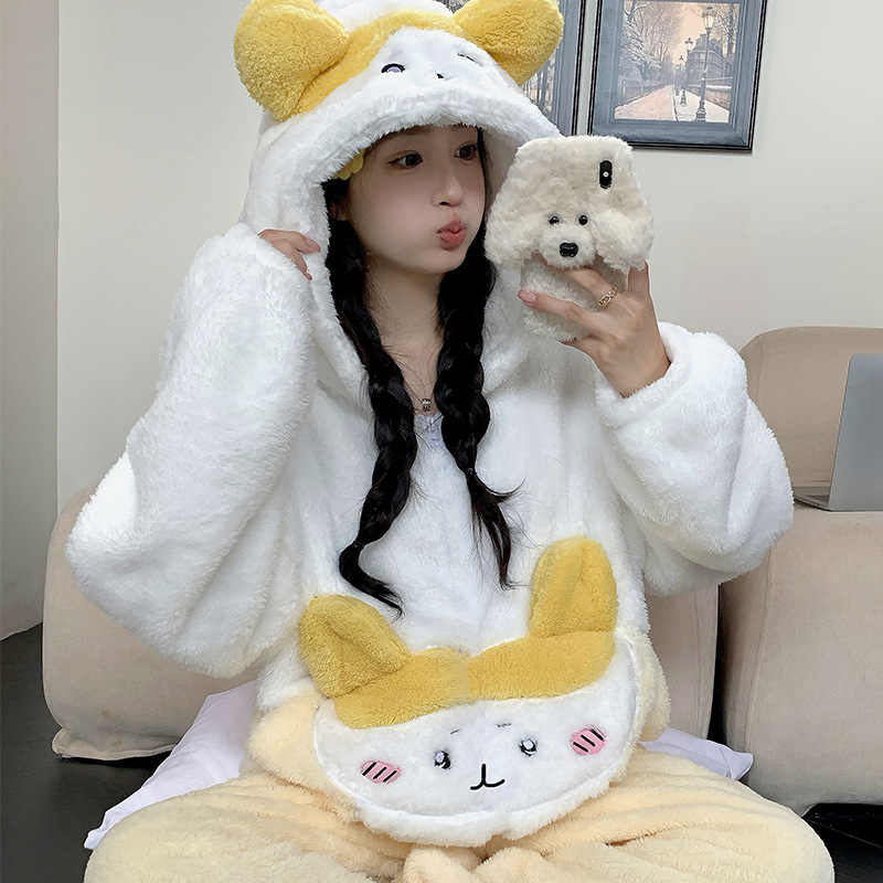 150cm小个子黄色小八珊瑚绒睡衣女冬季连体加厚家居服可外穿xxs码