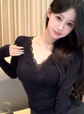 150cm小个子V领长袖后妈上衣xs蕾丝拼接纯欲长袖上衣145加小码xxs