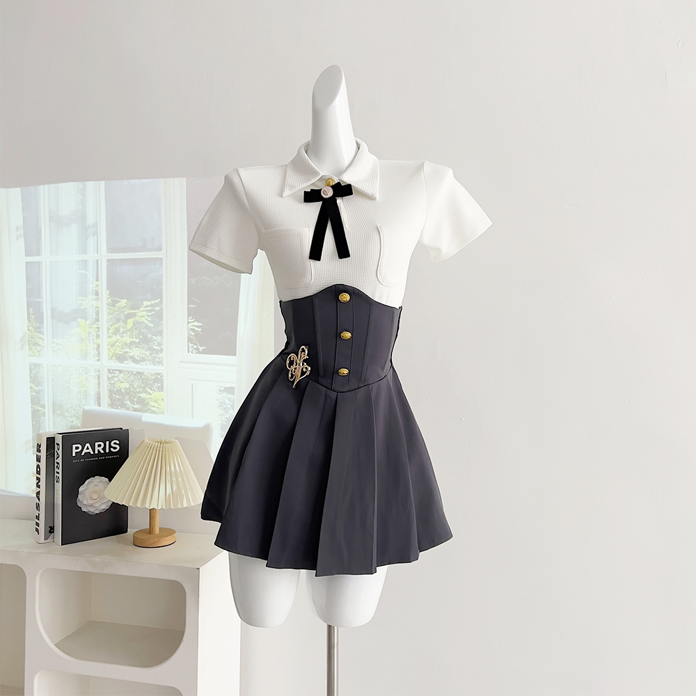 夏季150小个子套装xs鱼骨收腰束腰弹力连衣裙短袖套装学院xxs小码