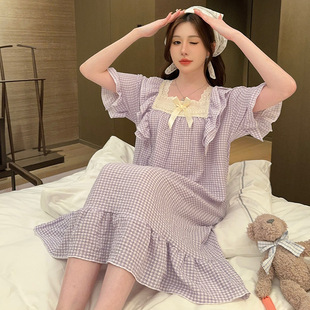 150cm小矮个子皱布睡衣夏季甜美公主风短袖中长宽松家居服睡裙xxs