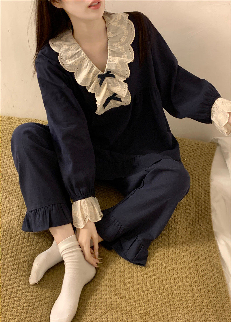 150cm矮个子全棉蕾丝可爱睡衣xs码V领长袖家居服套装145加小码xxs