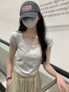 150cm矮小个子修身插肩方领褶皱设计感纯棉短袖T恤上衣145小码xxs