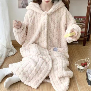 150小个子珊瑚绒睡袍xs码加绒加厚连帽睡衣浴袍保暖中长款xxs小码
