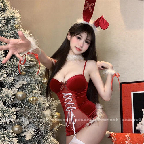 150小个子圣诞节战袍穿搭性感套装小胸兔女郎网纱丝绒包臀制服XXS